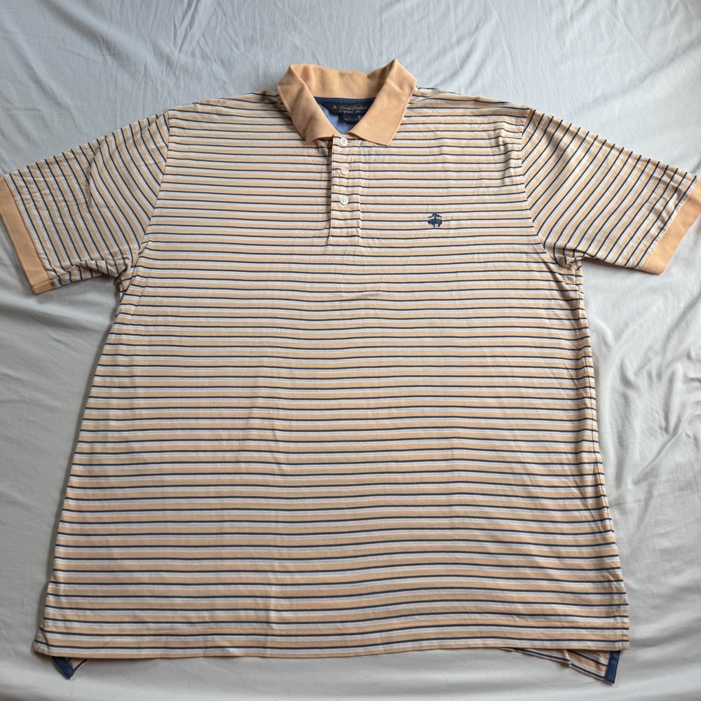 Brook Brothers Men's Original Fit Orange Polo Blue Striped Mens Size Large Y2K